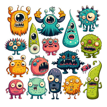 set of cartoon monsters illustration concept art sprite sheet style with transparent background 