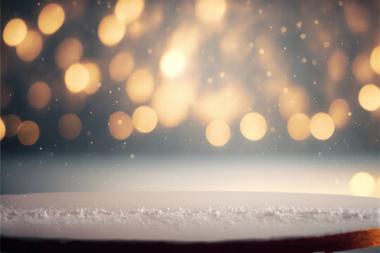 Empty platform with white snow with bokeh blur background 
