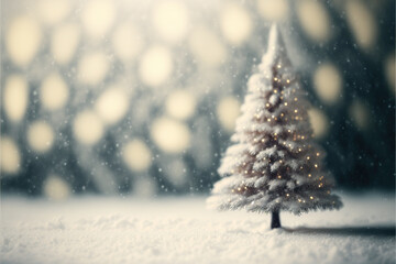 Empty white snow with Christmas tree bokeh blur background 