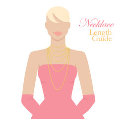 Necklace length guide vector illustration, beautiful blonde woman in golden chains accesory in pink coctail dress chat design - obrazy, fototapety, plakaty