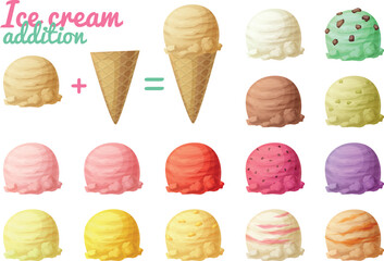 Ice cream vector illustration, icecream scoops and cone cartoon icons, vanilla chocolate strawberry chips flavors soft ice cream balls
