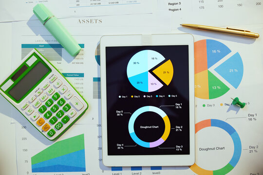tablet pc, calculator, documents and graphs at desk