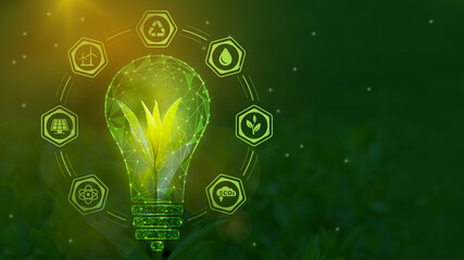 A tree sprout in a symbolic light bulb surrounded by symbols of green energy. Renewable energy...