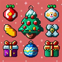 Obraz na płótnie Canvas Pixel Art of Fun Holiday gifts and ornaments for Christmas