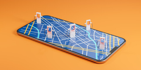 EV charging station location mark on gps navigation map application, battery recharging service for electric vehicle in city, 3d rendering smartphone app charger  network concept