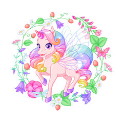 Cute pink unicorn with wings and summer flower wreath. Vector illustration isolated on white background.