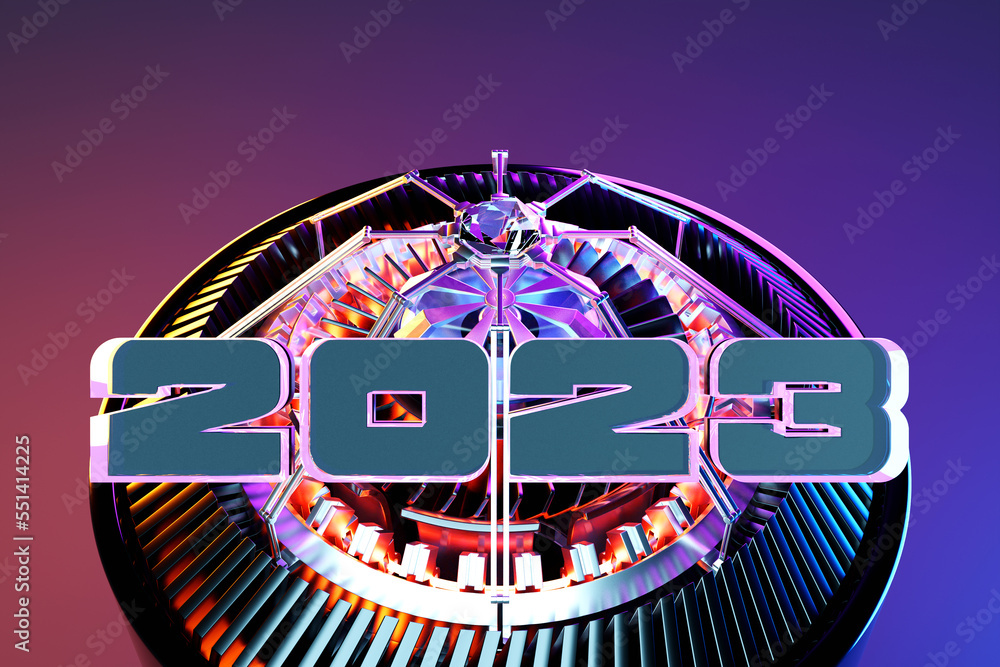 Poster 3d illustration futuristic tech postcard with the year 2023 on the background of a metallic spaceshi