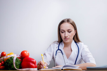 A nutritionist prescribes a healthy diet for a patient. A nutritionist writes a prescription for pills for a patient's health at his desk. Vegetables and fruits on the table.