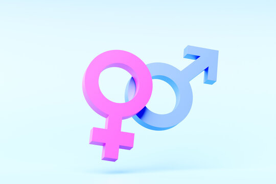 3D illustration, minimalist concept. Male and female symbols joined together on blue  background. Gender icon. Couple man and woman.