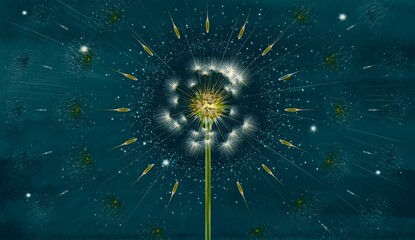 Obraz premium 3d mural interior wallpaper. One dandelion on dark turquoise watercolor background golden rays around the flower.Wall art for living room decor.Floral trendy background with symmetrical composition