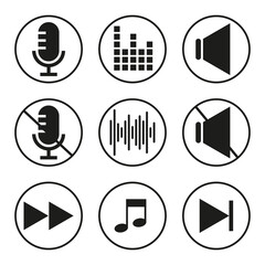 Sound icons. Speaker icon. Megaphone speaker. Play video button set. Vector illustration. Stock image. 