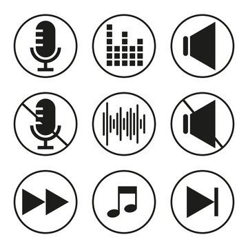 Sound icons. Speaker icon. Megaphone speaker. Play video button set. Vector illustration. Stock image. 