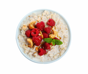Bowl with tasty oatmeal porridge on white background, top view. Healthy meal