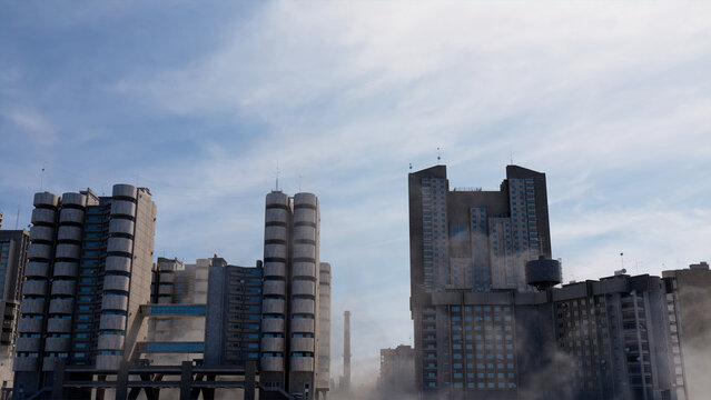 Constructivist Cityscape. Soviet Brutalist Architecture against a Hazy Morning Sky.