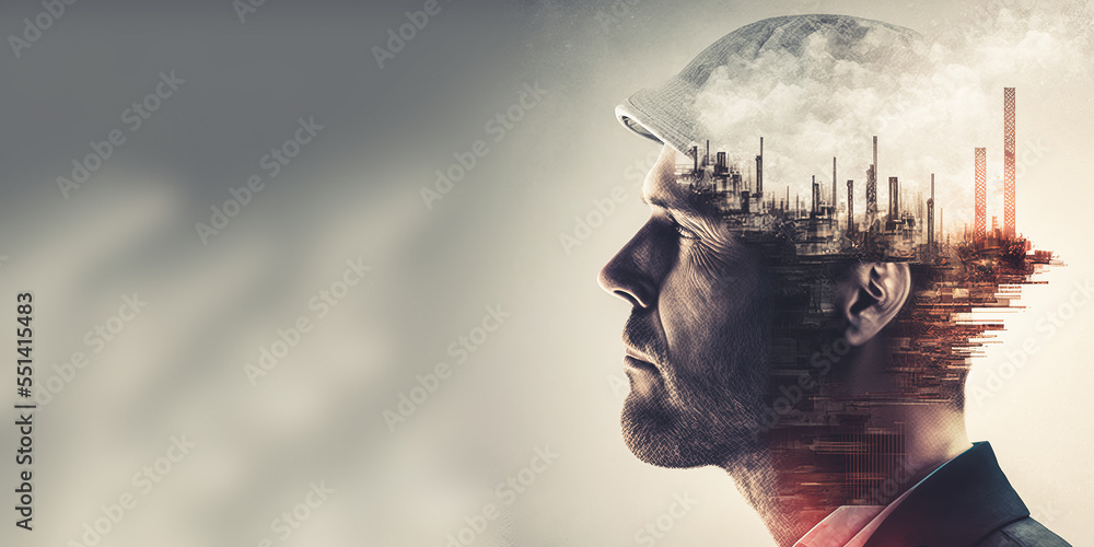 Poster future building construction engineering project devotion with double exposure graphic design. build
