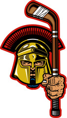 spartan mascot holding hockey stick for school, college or league sports