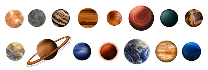 Set with many different planets on white background, banner design