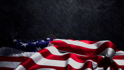 Authentic Banner for Presidents day with US Flag, Black Stone Background and Copy-Space.