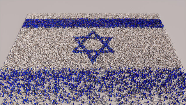 Aerial view of a Crowd of People, congregating to form the Flag of Israel. Israeli Banner on White Background.