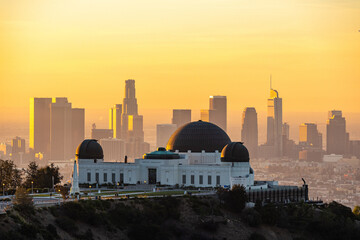 The Griffith Observatory with the downtown Los Angeles city skyline.