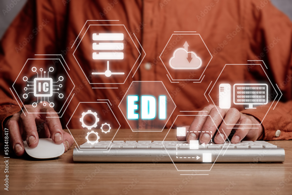 Poster edi-electronic data interchange concept, person using computer on office desk with virtual screen ed