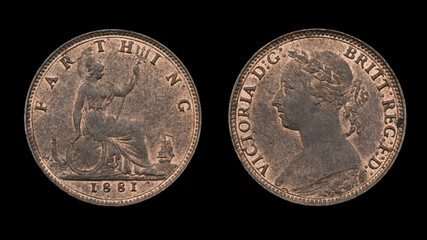 British farthing coin 1881 obverse and reverse on a black background