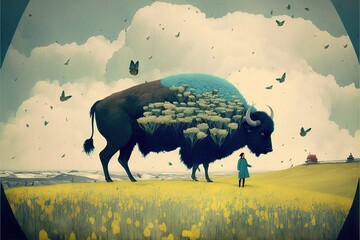 Bison and field Illustration generated with Artificial Intelligence