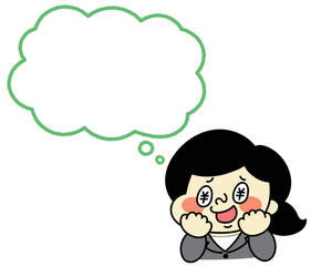 ふきだし　お金について考えているコミカルな女性キャラクターイラスト素材　ビジネス