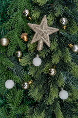 Christmas tree branches and Christmas decoration. Christmas concept, nature, winter. Background for postcards. Flat lay, top view