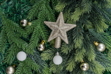 Christmas tree branches and Christmas decoration. Christmas concept, nature, winter. Background for postcards. Flat lay, top view