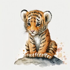 Cute cartoon tiger isolated on a white background. Little cute watercolor animals.