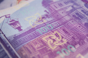 One hundred lari close-up. 100 GEL. Purple paper note of Georgia. Concept of travel, tourism, relocation, immigration. Currency exchange. Georgian money to pay for purchases, debt, credit. Bill. Bank