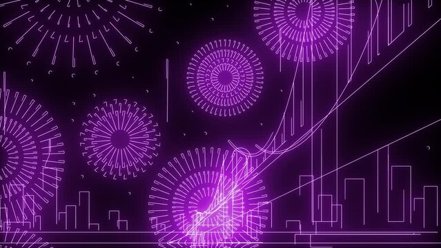 new year christmas animation with city town downtown and fireworks silvester day in centrum neon lights drawing lines footage video