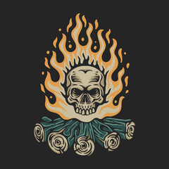 vector illustration a bonfire with a burning fire and a skull inside for t shirt design