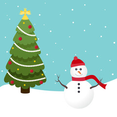 Snowman and Christmas Tree Holiday vector illustration background