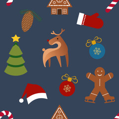 Winter holidays seamless pattern on dark blue background