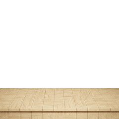 Wooden table foreground, wood table top front view 3d render isolated