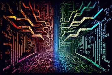 a neural network of data being pixelized through a series of technological 