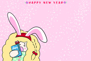 ハッピーニューイヤー　卯年　イラスト　パステルカラー