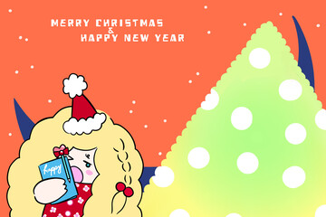 Merry Christmas and Happy New Year illustration message card orange background
