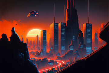 futurustic cyberpunk city neon skyline rooftop
