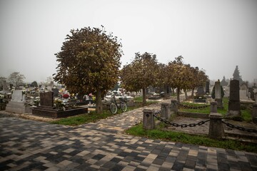 Empty cemetery on a rainy day