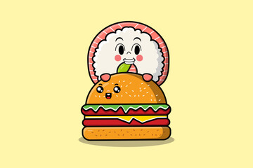 Cute Rice sushi rolls sashimi cartoon character hiding in burger illustration in flat modern design