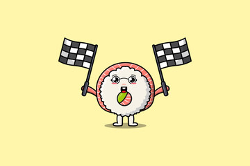 Illustration of cute Rice sushi rolls sashimi cartoon character holding crossed checkered race flag