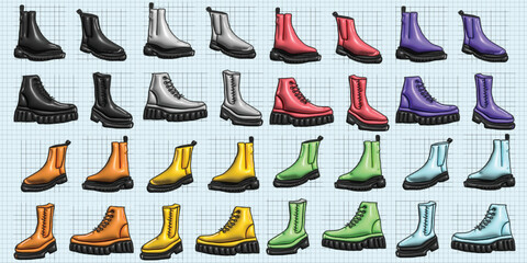 3D Popular trend shoes high boots with laces on full color variant and types isolated on white background