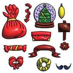 Set of christmas doodles element bundle. christmas tree, sack, sock, decoration, christmas ball, beer, star, christmas globes