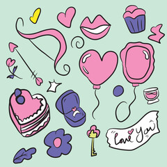 3D Valentine element.Variant pink color on valentine celebration. Big set of lovely objects for st. Valentines day in doodle style on white background