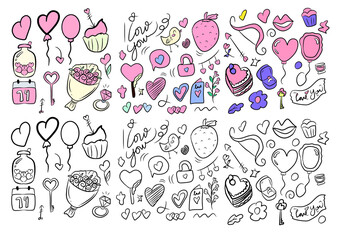 3D Valentine element.Variant pink color on valentine celebration. Big set of lovely objects for st. Valentines day in doodle style on white background