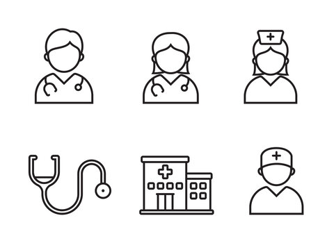 Set of doctor and nurse icons with linear style isolated on white background