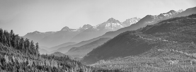 Black and white panoramic view of the Canadian Rocky Moutains.